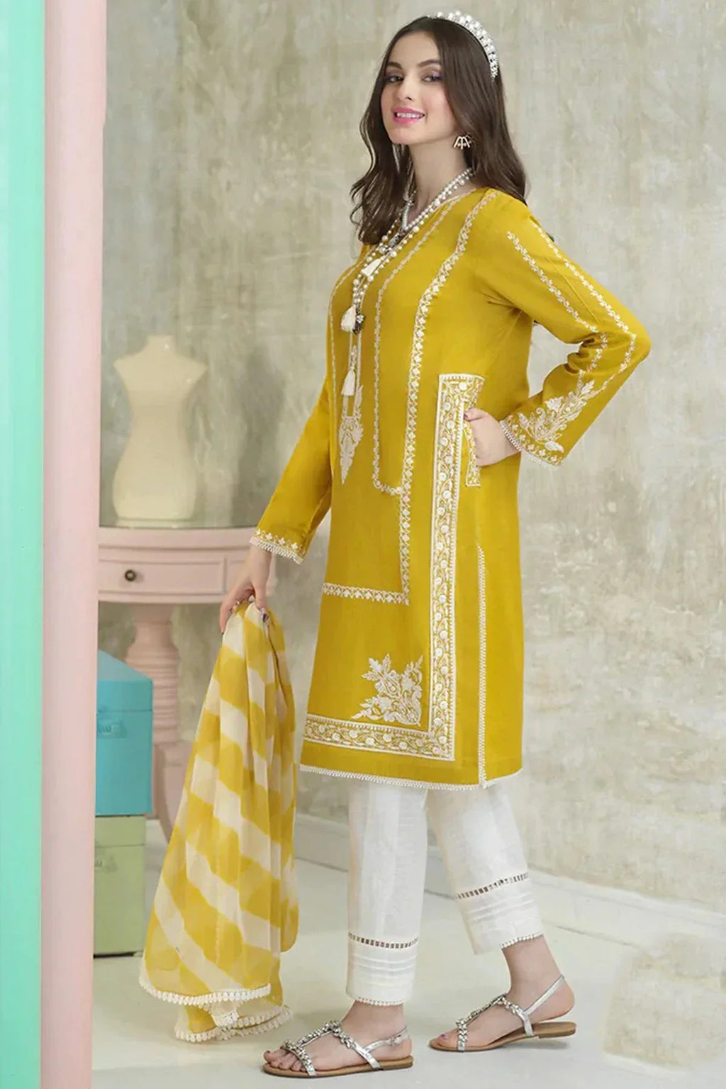 ETHNIC - 3PC Lawn Embroidered Shirt with Printed Chiffon Dupatta (Unstitched) - RN-2420