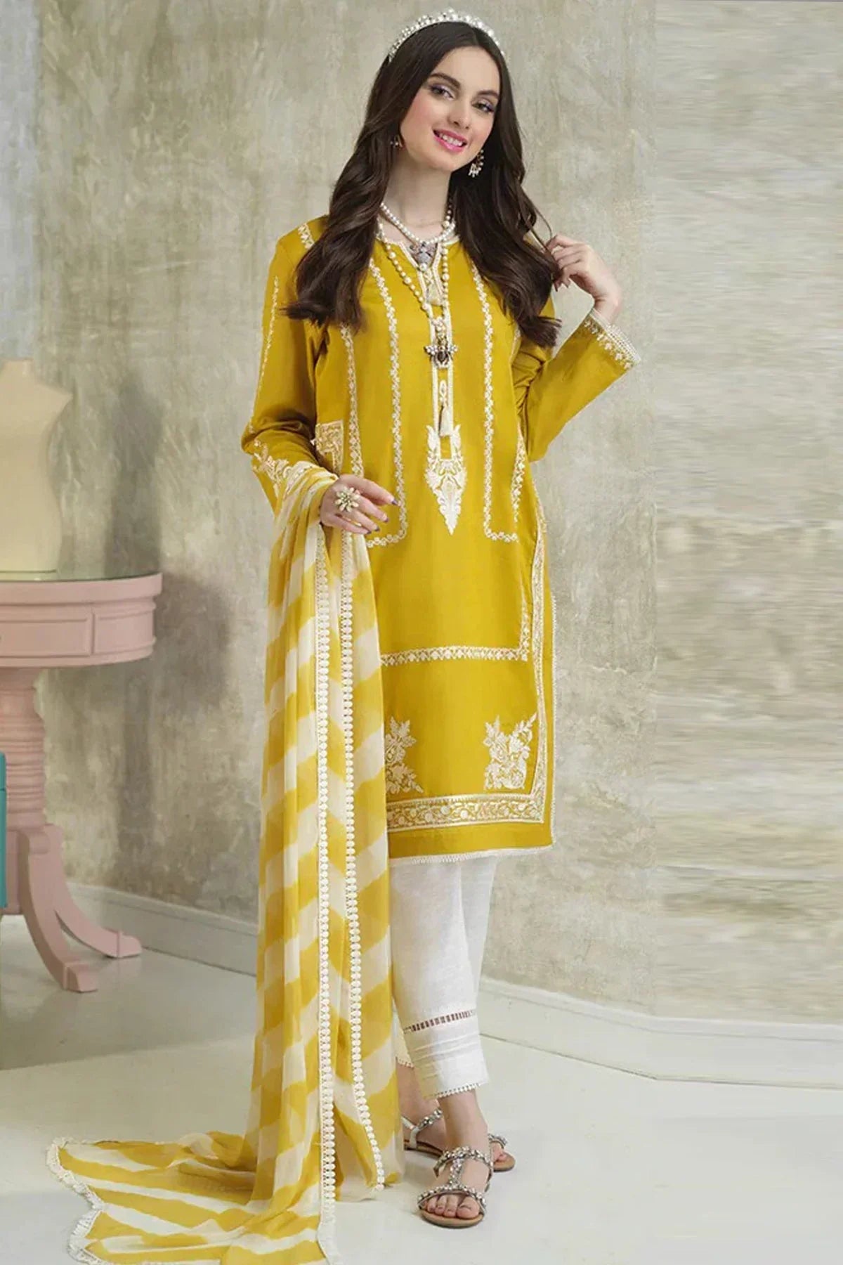 ETHNIC - 3PC Lawn Embroidered Shirt with Printed Chiffon Dupatta (Unstitched) - RN-2420