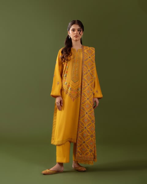 ORANGE-3PC Unstitched Dhanak Embroidered Shirt with Dhanak Embroidered Dupatta and Trouser -DN1821