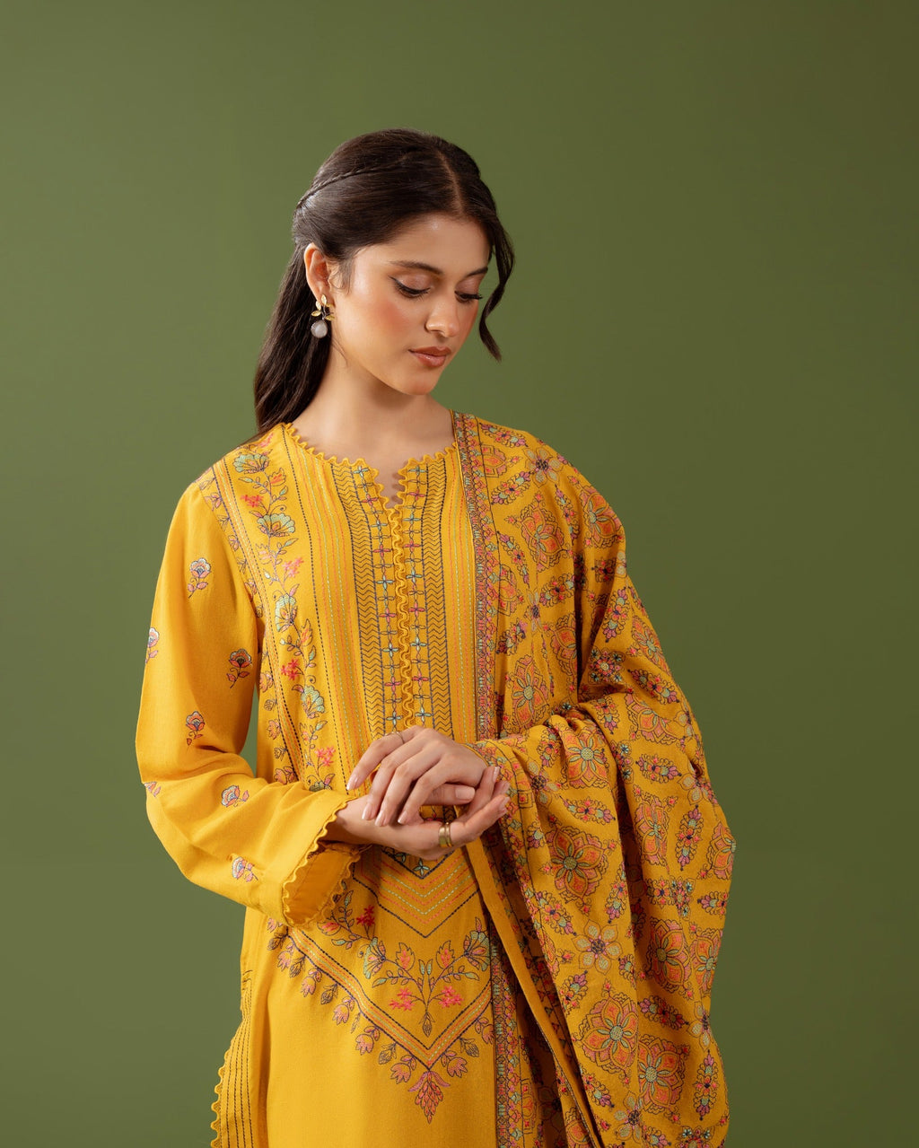 ORANGE-3PC Unstitched Dhanak Embroidered Shirt with Dhanak Embroidered Dupatta and Trouser -DN1821