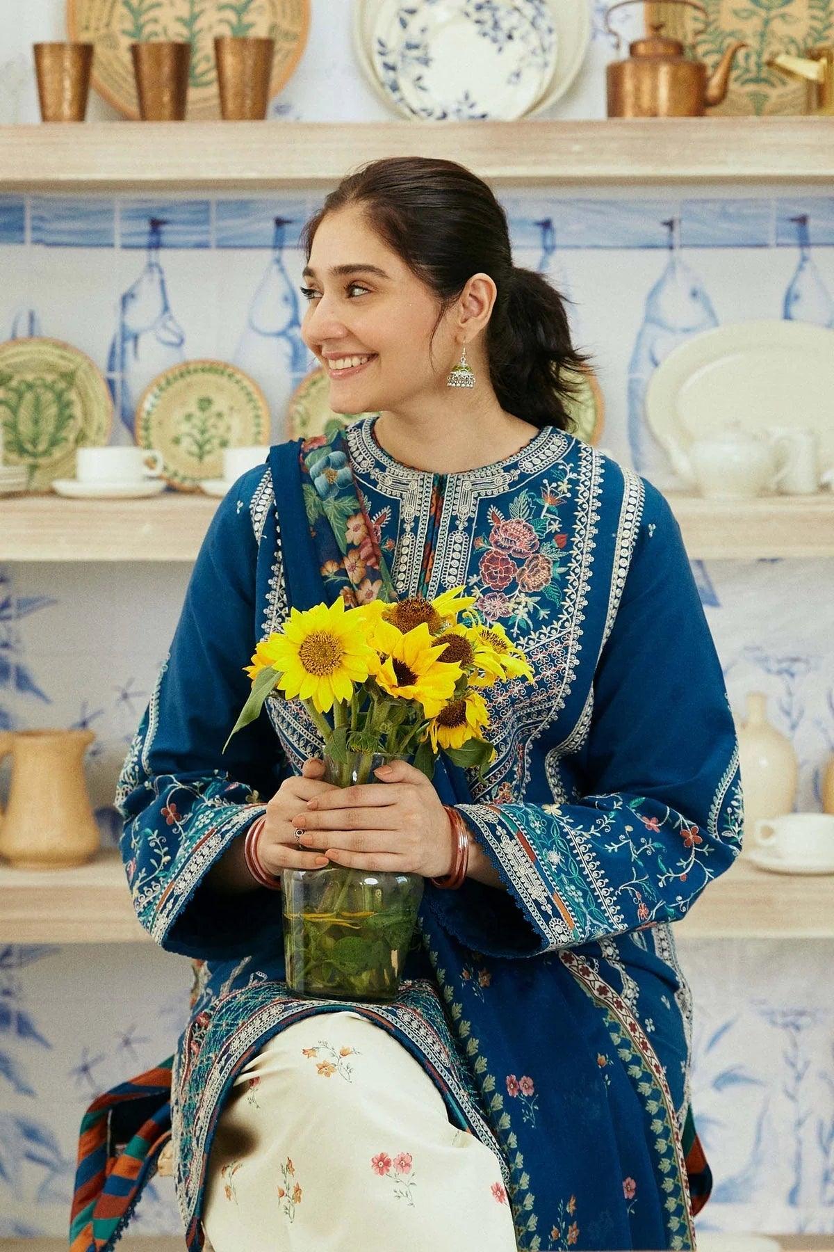 ZARA SHAHJAHAN - 3PC Lawn Embroidered Shirt with Printed Chiffon Dupatta (Unstitched) - RN-2422