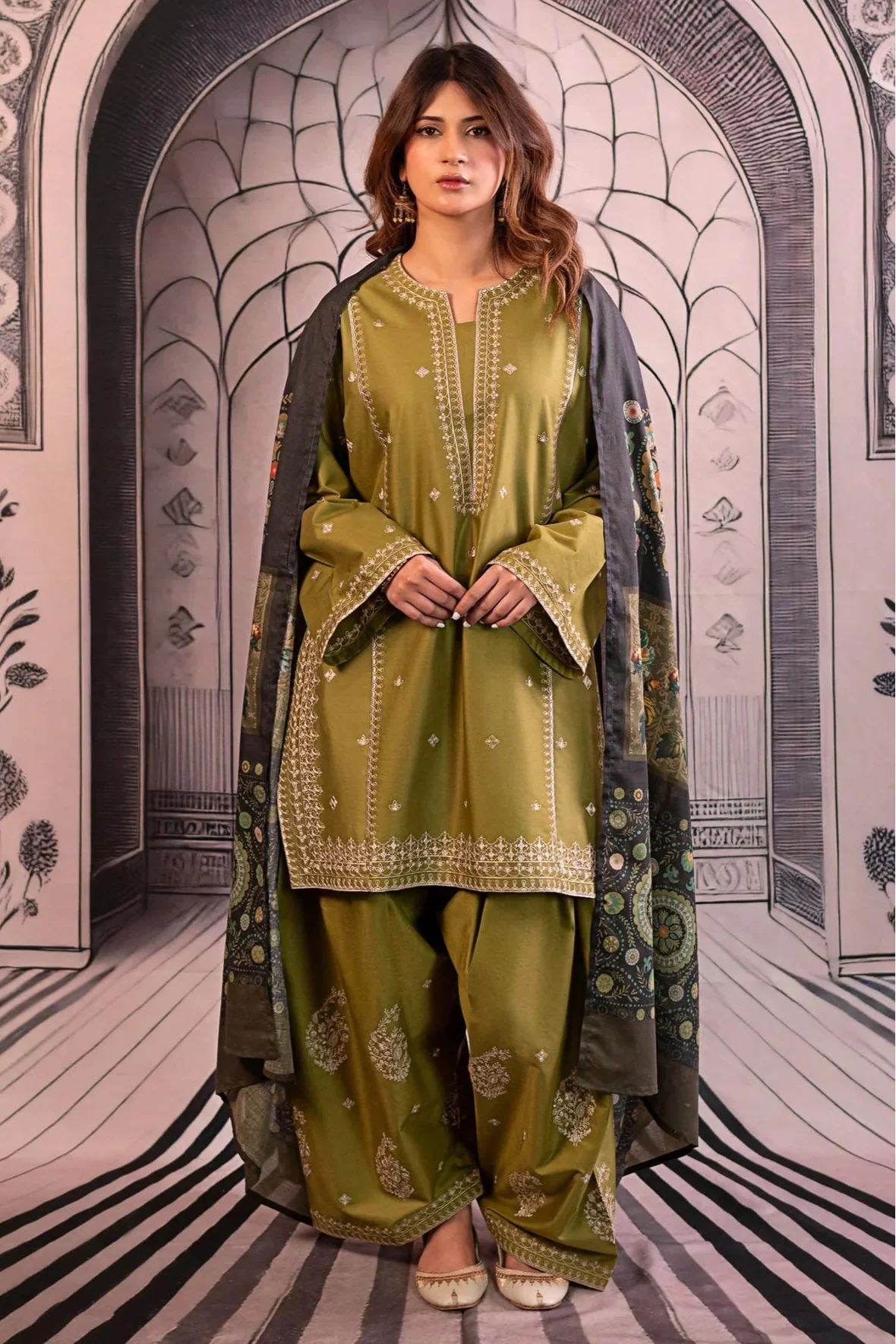 SAPPHIRE-3PC Unstitched Dhanak Embroidered Shirt with Dhanak Embroidered Dupatta and Trouser -DN1810