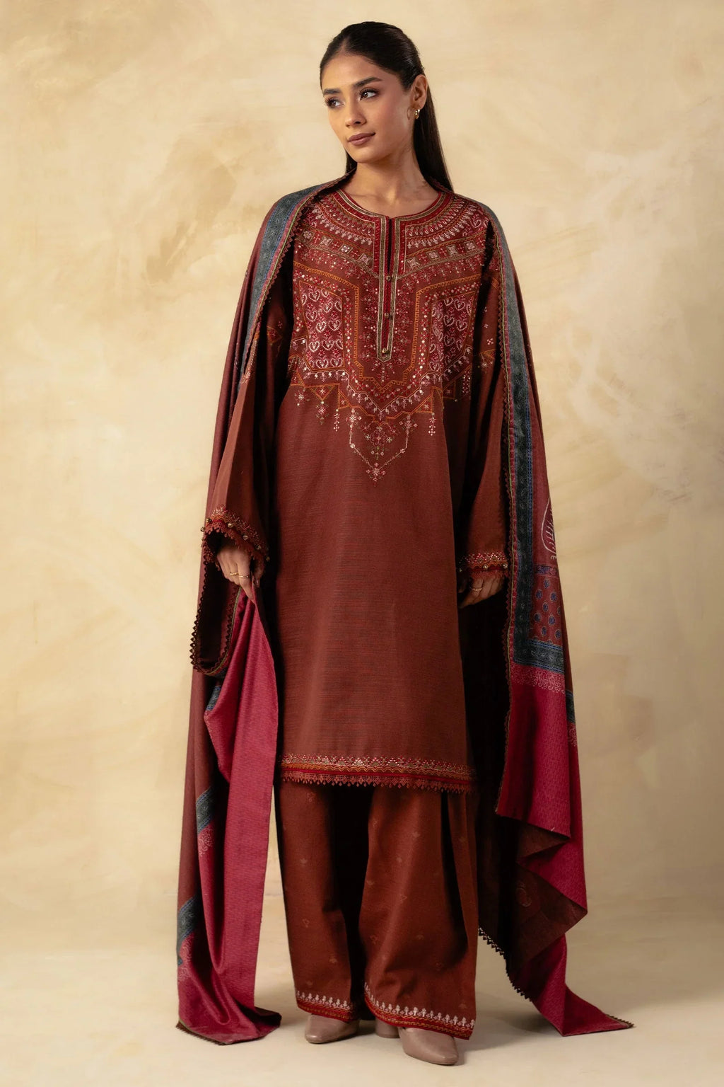 COCO-3PC Unstitched Dhanak Embroidered Shirt with Dhanak Embroidered Dupatta and Trouser -DN1806