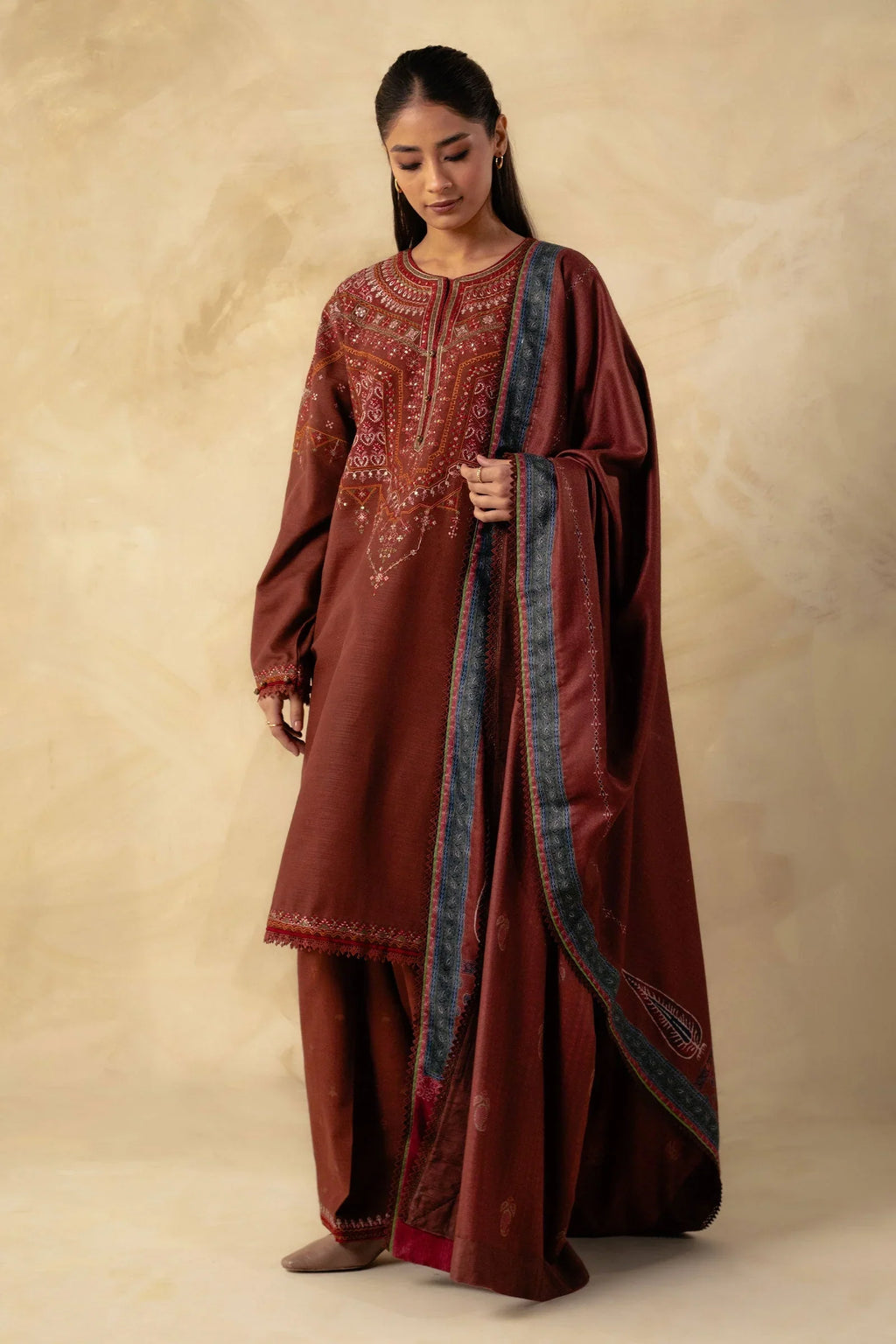 COCO-3PC Unstitched Dhanak Embroidered Shirt with Dhanak Embroidered Dupatta and Trouser -DN1806