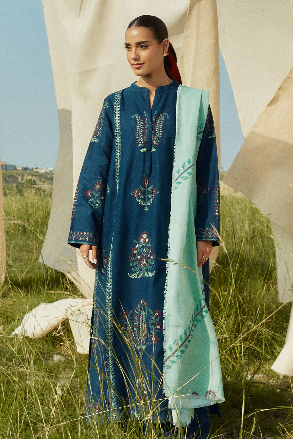 COCO-3PC Unstitched Dhanak Embroidered Shirt with Dhanak Embroidered Dupatta and Trouser -DN1804