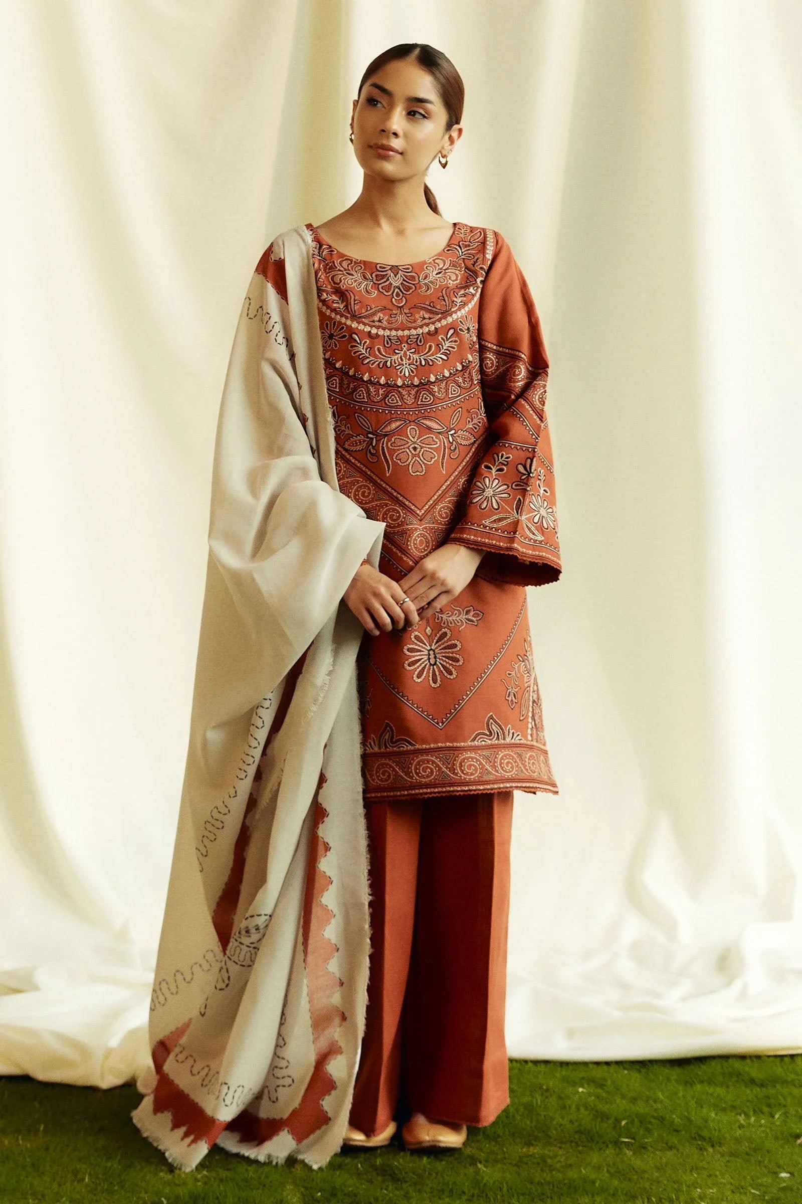 COCO-3PC Unstitched Dhanak Embroidered Shirt with Dhanak Embroidered Dupatta and Trouser -DN1803