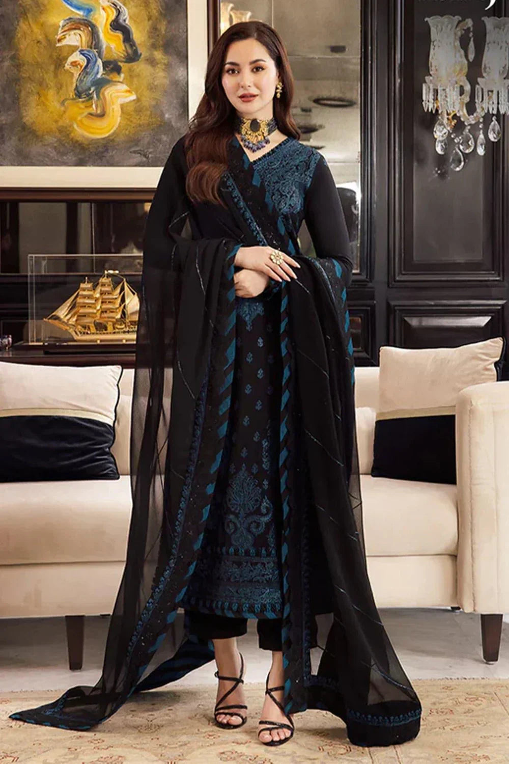 ASIMJOFA - 3PC Lawn Embroidered Shirt with Printed Chiffon Dupatta (Unstitched) - RN-2439