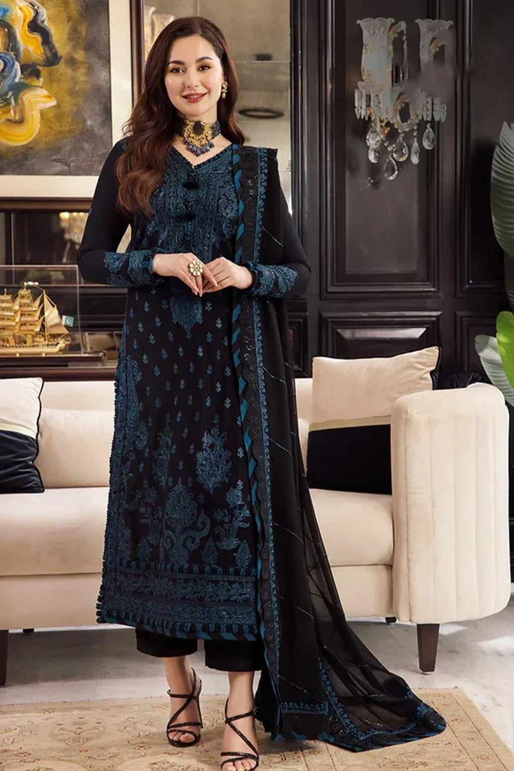 ASIMJOFA - 3PC Lawn Embroidered Shirt with Printed Chiffon Dupatta (Unstitched) - RN-2439
